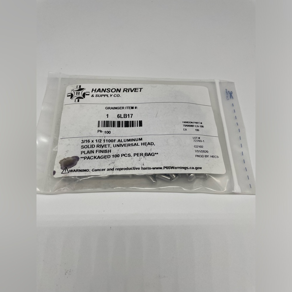 Hanson Rivet 3/16 x 1/2 1100 F Solid Rivet 100 Pack
